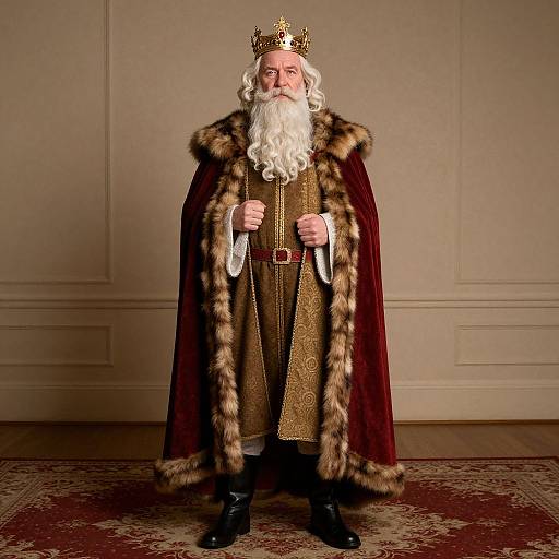 Photograph of a white-bearded, elderly man in a regal, fur-trimmed red robe and golden crown, standing in an ornate