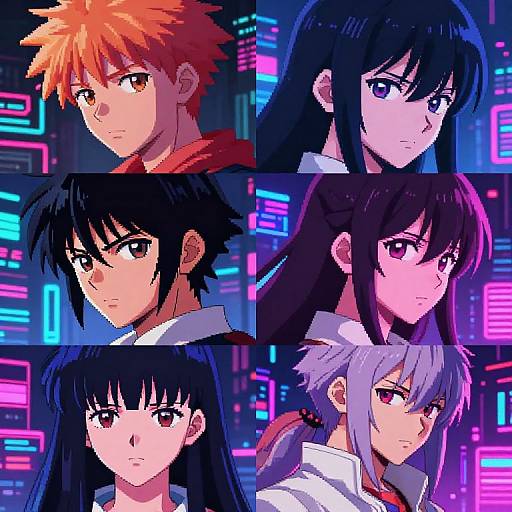 Digital anime-style portrait grid of six characters with neon cityscape background: orange-haired boy, black-haired girl, black-haired boy, purple-haired girl,