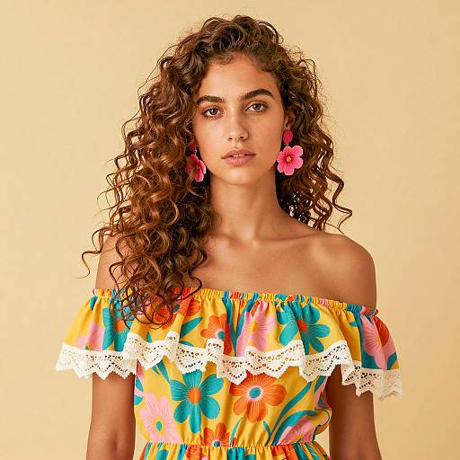 Young Woman in Colorful Off-Shoulder Floral Dress