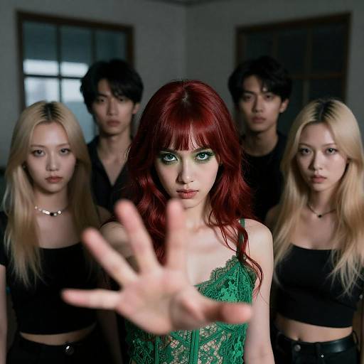 Intense Group Portrait with Red-haired Woman Reaching Forward