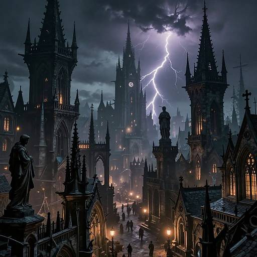 Digital artwork of a dark, stormy Gothic cathedral cityscape with lightning, silhouetted statues, and lit windows, surrounded by dramatic, towering