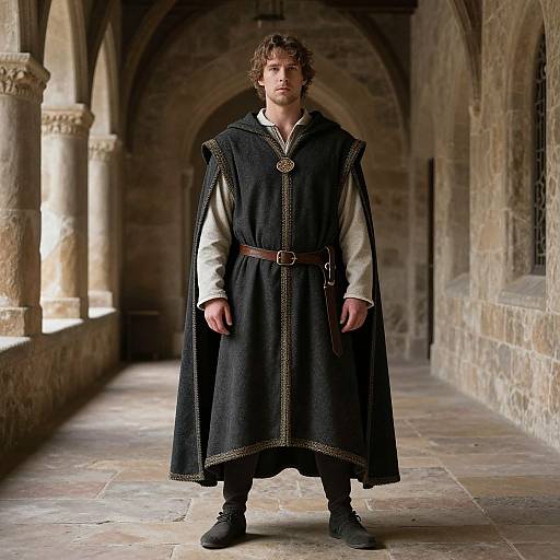 Medieval man with curly brown hair, wearing black tunic, white shirt, brown belt, standing in stone corridor with arched windows. Photographic