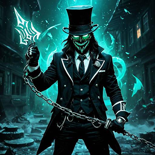 Mysterious figure in black top hat and suit, glowing green eyes, menacing mask, holding glowing chain and weapon, surrounded by blue flames, in a