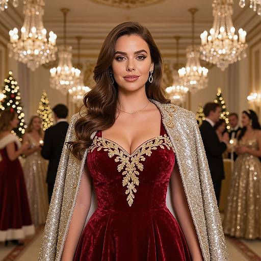 Photograph of a beautiful brunette woman with long wavy hair, wearing a deep red velvet gown with gold embroidery and a sparkling silver cape, standing in
