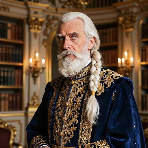 Regal Elder Wizard in Baroque Library