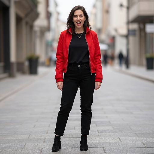 Photograph of a smiling woman with medium-length brown hair, wearing a red jacket, black top, pants, and black boots, standing on a blurred