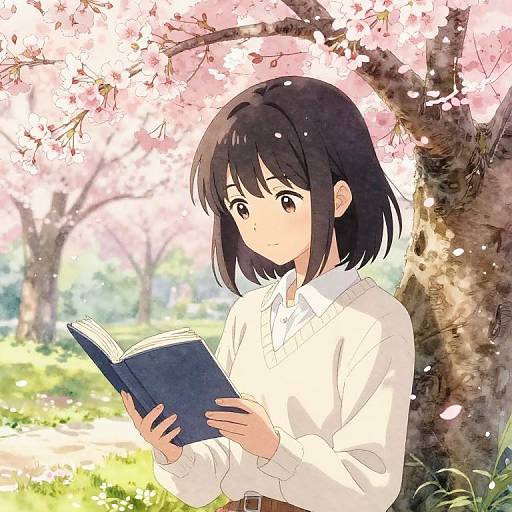 Anime-style digital drawing of a young girl with short black hair, wearing a white blouse, reading a book under cherry blossoms.