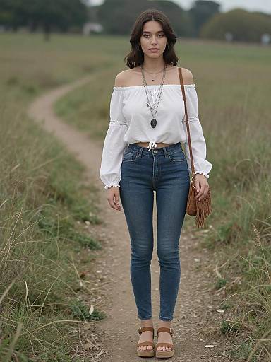 Photograph of a young woman with long dark hair, wearing an off-shoulder white blouse, blue jeans, brown sandals, and a fringe bag