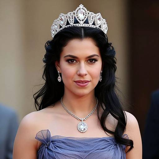Photograph of a woman with long black hair, wearing a silver tiara, blue strapless gown, and diamond necklace, smiling subtly.