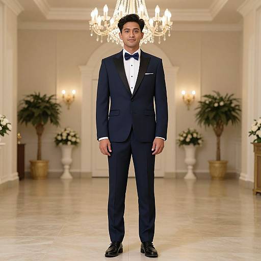Photograph of a young man with dark curly hair, wearing a black tuxedo, white shirt, and black bow tie, standing in an elegant