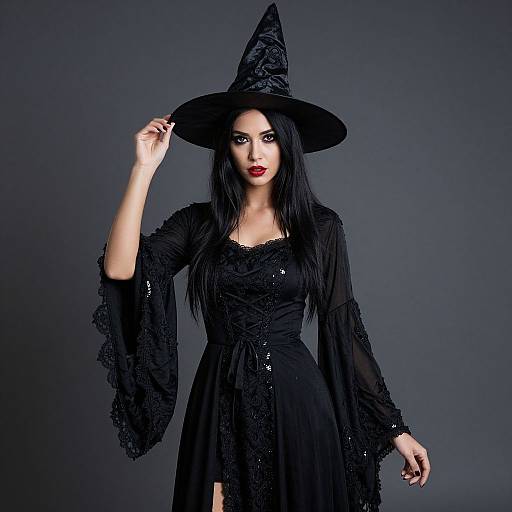 Photograph of a pale-skinned woman with long black hair, wearing a black lace witch hat and dress, against a dark gray background. She has