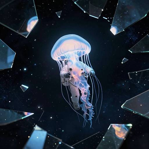 Photograph of a glowing blue jellyfish with translucent tentacles, floating amidst dark, starry space-like background with reflective, angular fragments.