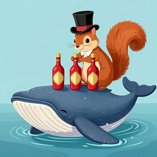Cartoon squirrel in a top hat, holding three red bottles, sits on a blue whale with white belly, in blue water.