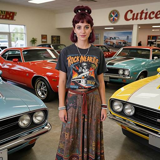 70s Beach Babe in Muscle Car Showroom