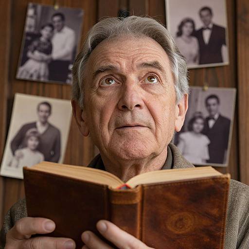 Photograph of an elderly man with gray hair, reading a worn book, surrounded by black-and-white family photos on a wooden wall.