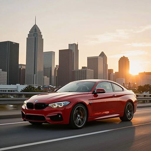 Photograph of a sleek, red BMW sedan speeding on a highway at sunset, with a city skyline of tall skyscrapers in the background.