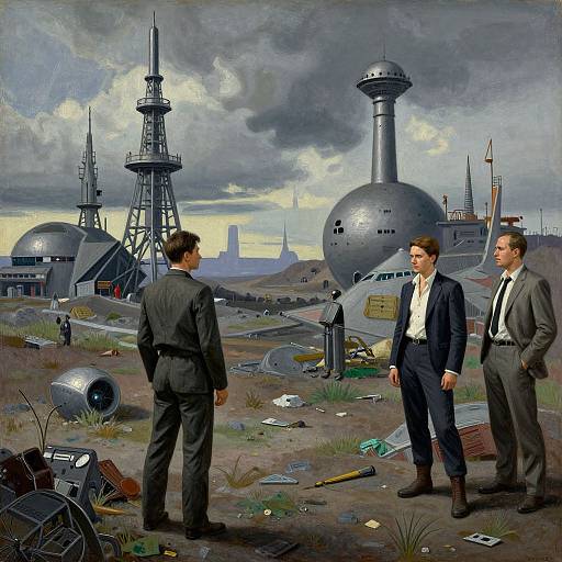 Digital painting of three men in suits standing in a desolate, post-apocalyptic landscape with large, futuristic military structures in the background.