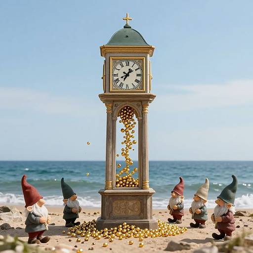 Photograph of a beach scene with five gnome figurines around a golden clock tower, pouring gold balls onto the sand.