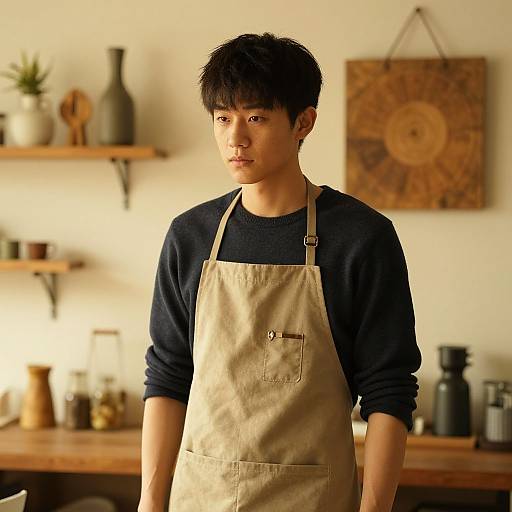 Photograph of an Asian man with short black hair, wearing a black long-sleeve shirt and beige apron, standing in a warmly lit,