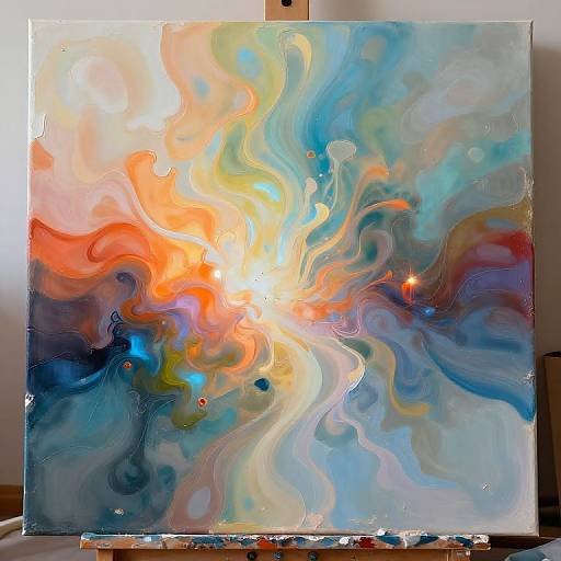 Abstract painting of swirling colors: vibrant oranges, blues, greens, and yellows blend in fluid, marbled patterns with a bright central light.