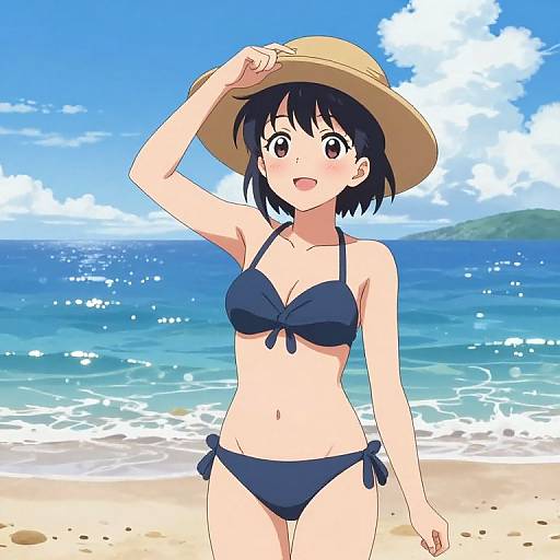 Anime-style digital illustration of a cute, black-haired girl in a navy blue bikini and wide-brimmed hat, standing on a sunny beach with clear