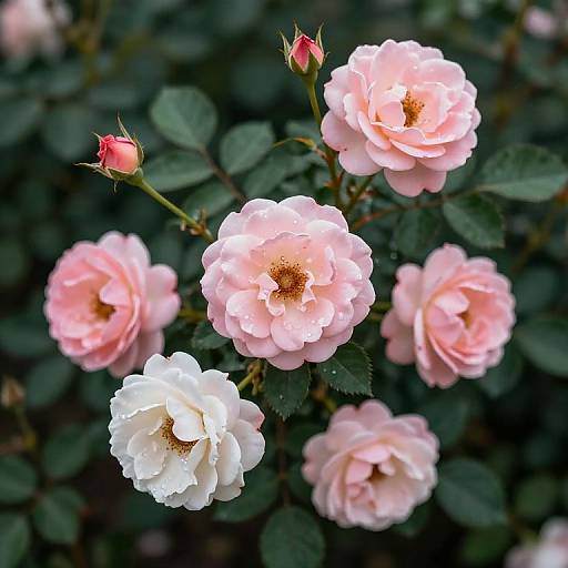 Cluster of Pink and White Roses with Water Droplets