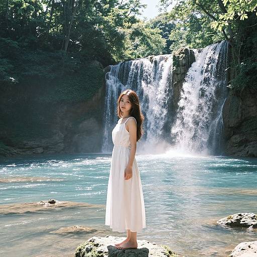 Photograph of a young woman with long brown hair in a white dress standing barefoot on a rock by a cascading waterfall in a sunlit forest