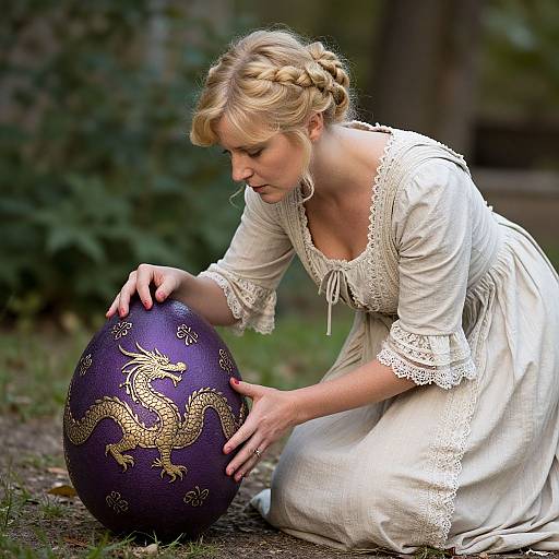 Photograph of a blonde woman with braided hair, wearing a white, lace-trimmed dress, kneeling outdoors, touching a purple egg adorned with