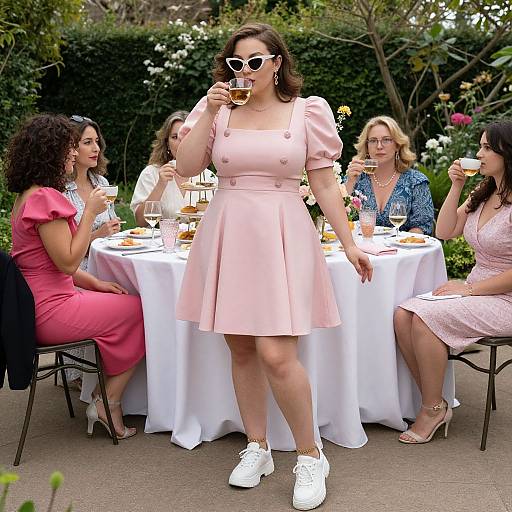 Photograph of five women in vintage dresses, white and pink, sipping tea outdoors. Central woman in pink dress, white sneakers, and heart-shaped