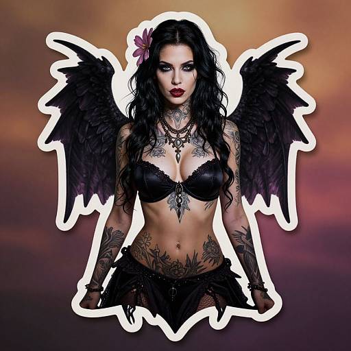 Digital illustration of a tattooed, dark-haired woman with black feathered wings, wearing black lace lingerie, against a sunset background.