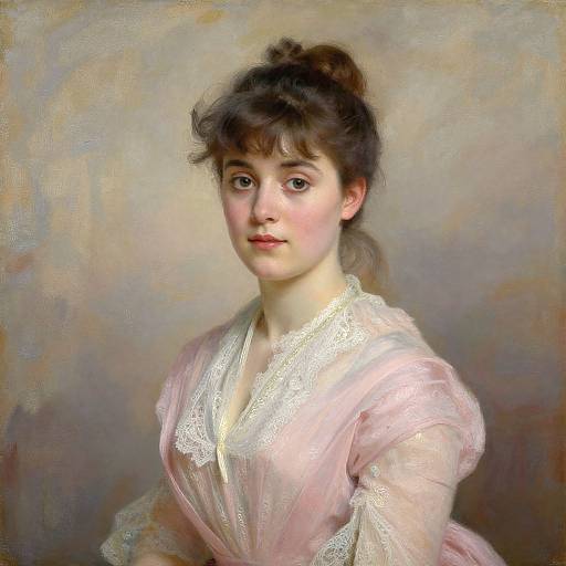 Realistic oil painting of a young woman with fair skin, brown hair in a bun, wearing a pink lace-trimmed blouse, against a soft
