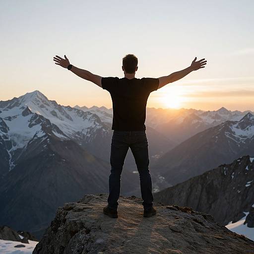 Athletic Man on Mountain Cliff at Sunrise