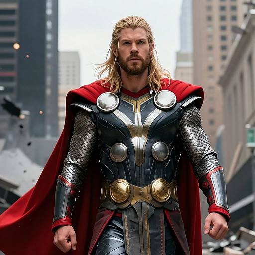 CGI image of a muscular, bearded man with long blonde hair in a silver and red Superman costume, walking through a destroyed cityscape.