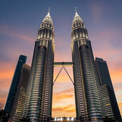 Photograph of the Petronas Twin Towers at sunset, with illuminated spires against a vivid orange and purple sky, flanked by modern skyscrap