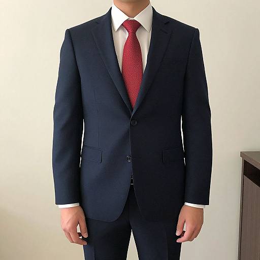 Photograph of a man in a black suit, white shirt, and red tie, standing against a plain white wall.