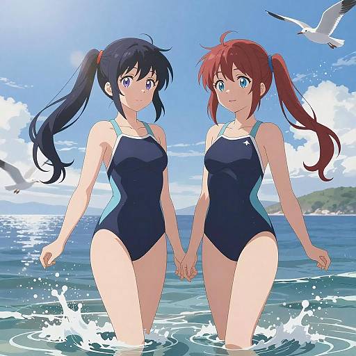 Anime Girls in Matching Swimsuits at the Beach