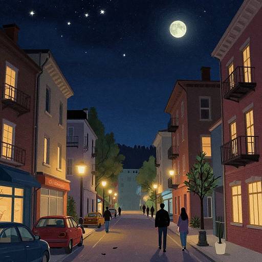 Nighttime street scene with moonlit sky, starry background, illuminated buildings, streetlights, pedestrians, parked cars, and a full moon.