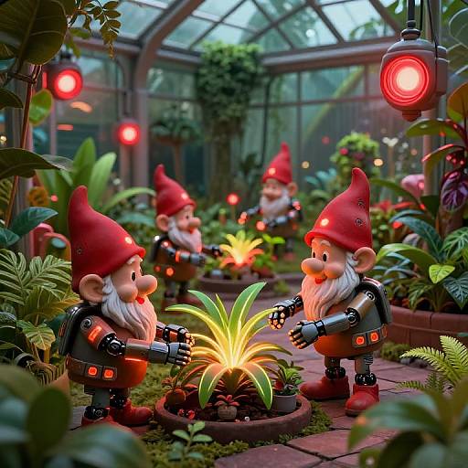 Photograph of three gnome figurines with red hats and black outfits, tending a glowing plant in a lush, illuminated greenhouse.