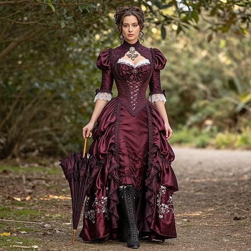 Photograph of a gothic woman in a detailed, dark purple Victorian dress with lace, holding an umbrella, standing on a forest path.