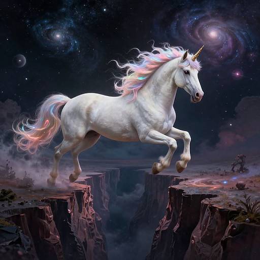 Digital artwork of a white unicorn with a glowing horn and rainbow mane, leaping over a deep, rocky chasm under a starry, galaxy-filled
