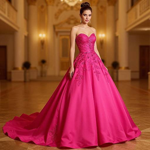 Photograph of a brunette woman in a vibrant pink, strapless, full-skirted ball gown with intricate embroidery, standing in an opulent,