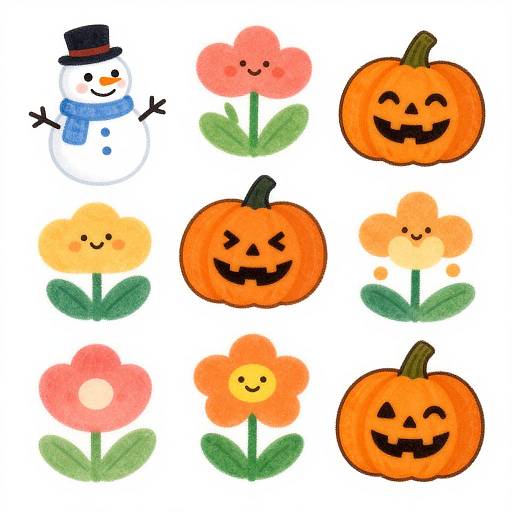 Whimsical illustration of nine Halloween-themed cartoon characters: snowman, six flowers, and three pumpkins, with bright colors and simple, cheerful expressions