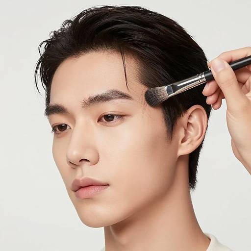 Photograph of an Asian man with fair skin, black hair, and brown eyes, having his eyebrows groomed with a brush on a white background.