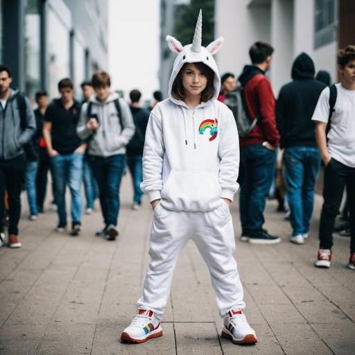 Boy in White Unicorn Costume in Urban Crowd