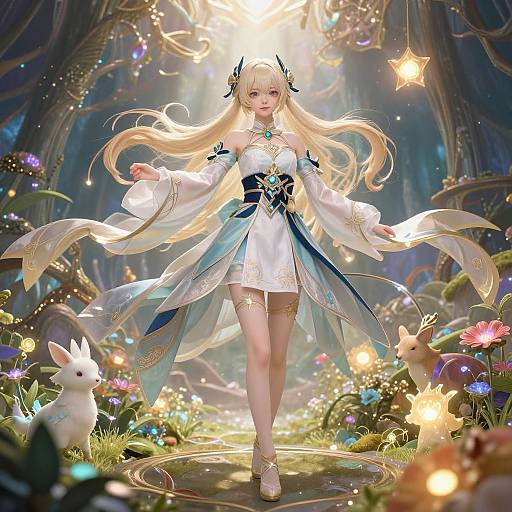 Digital anime-style artwork of a blonde, fair-skinned, blue-eyed fairy girl with long hair, white dress, and blue accents, surrounded by glowing