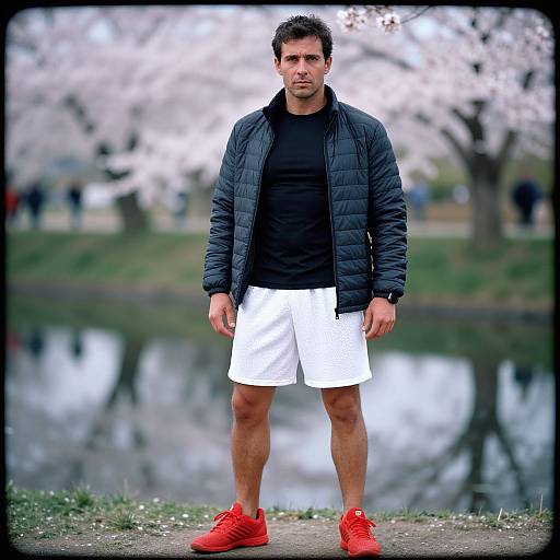Photograph of a muscular man with short dark hair, wearing a black puffer jacket, black t-shirt, white shorts, and red sneakers, standing
