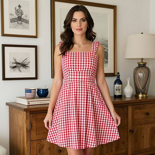Photograph of a brunette woman with wavy hair, wearing a red and white checkered dress, standing in a living room with wooden furniture, framed