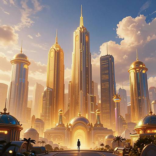 Digital artwork of a futuristic cityscape at sunset, featuring glowing skyscrapers with golden domes, palm trees in the foreground, and a silhou