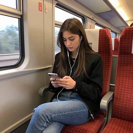 Young Woman on Train with Earphones