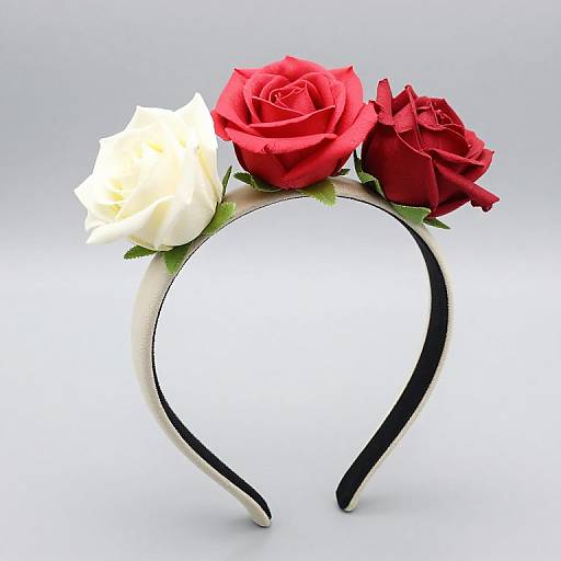 Photograph of a white, curved hair accessory adorned with two red roses and one white rose, set against a plain white background.